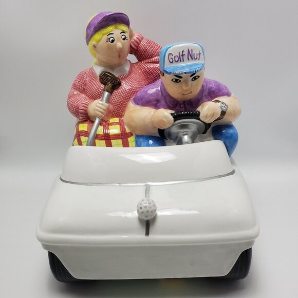 Vintage Lotus 1998 Golf Nut Ceramic Cookie Jar Couple In A Convertible Car - Picture 1 of 12